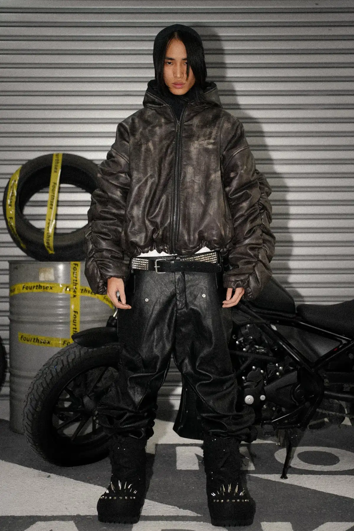 Fourth3ex | Faded Brown Leather Fold Hoodie