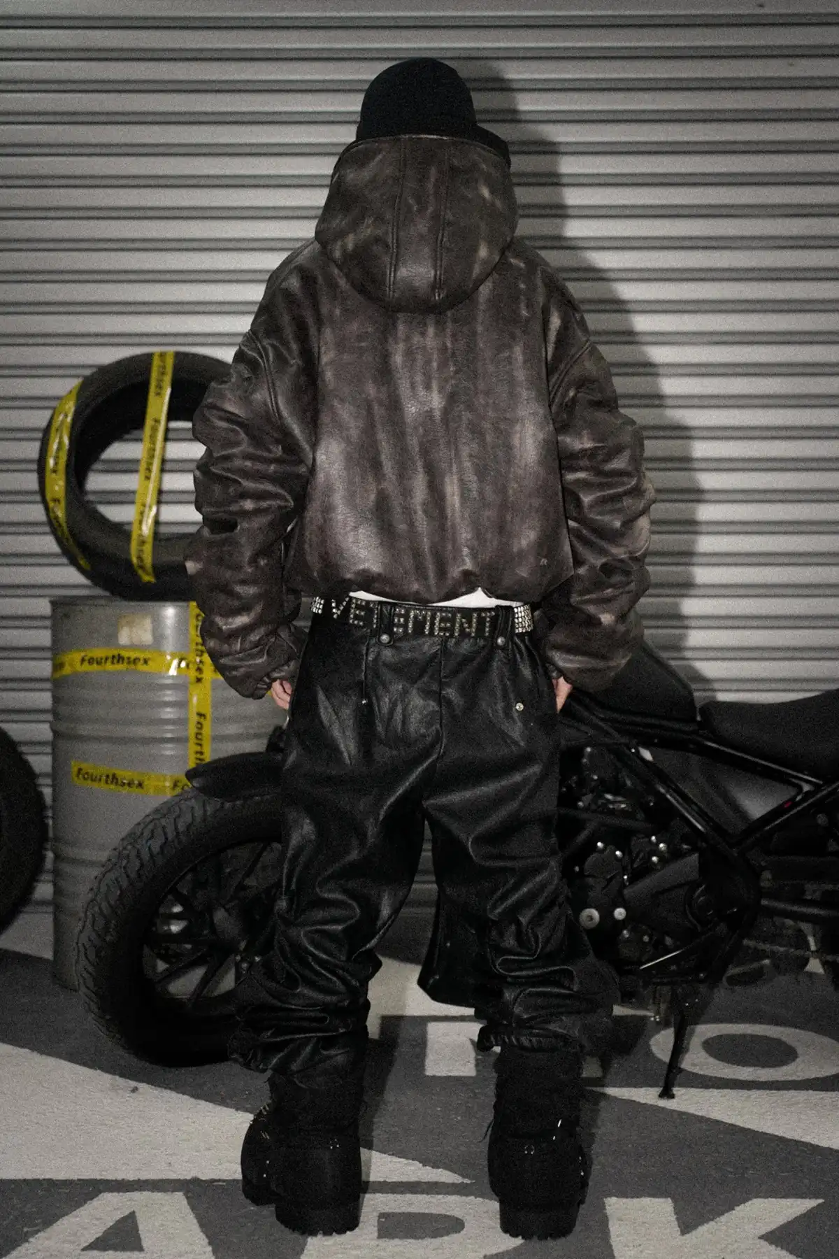 Fourth3ex | Faded Brown Leather Fold Hoodie