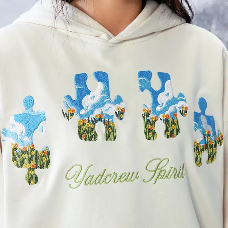 YADcrew | Blue Sky Flower Heavy Duty Needle Embroidery Jigsaw Hooded Sweatshirt