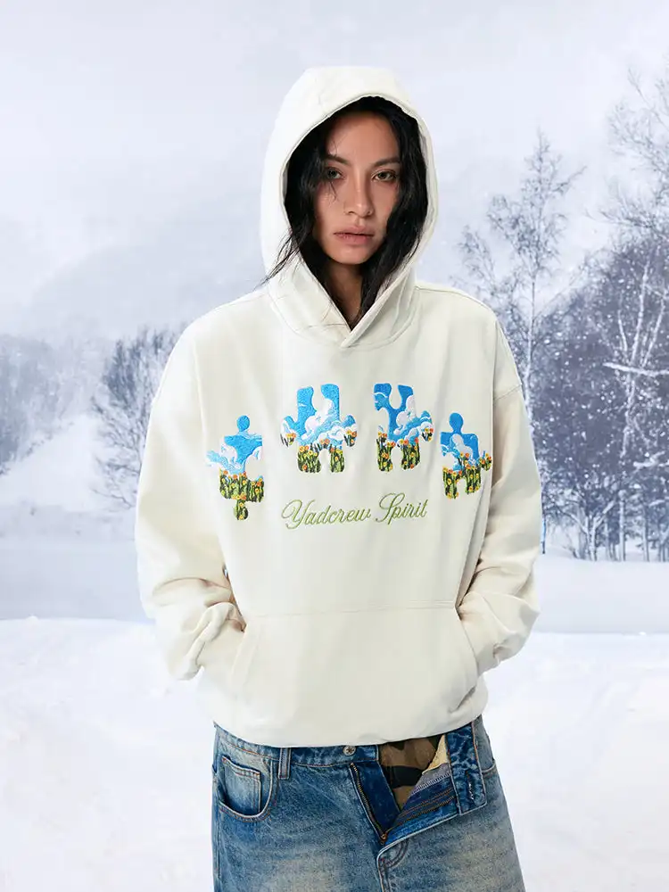 YADcrew | Blue Sky Flower Heavy Duty Needle Embroidery Jigsaw Hooded Sweatshirt