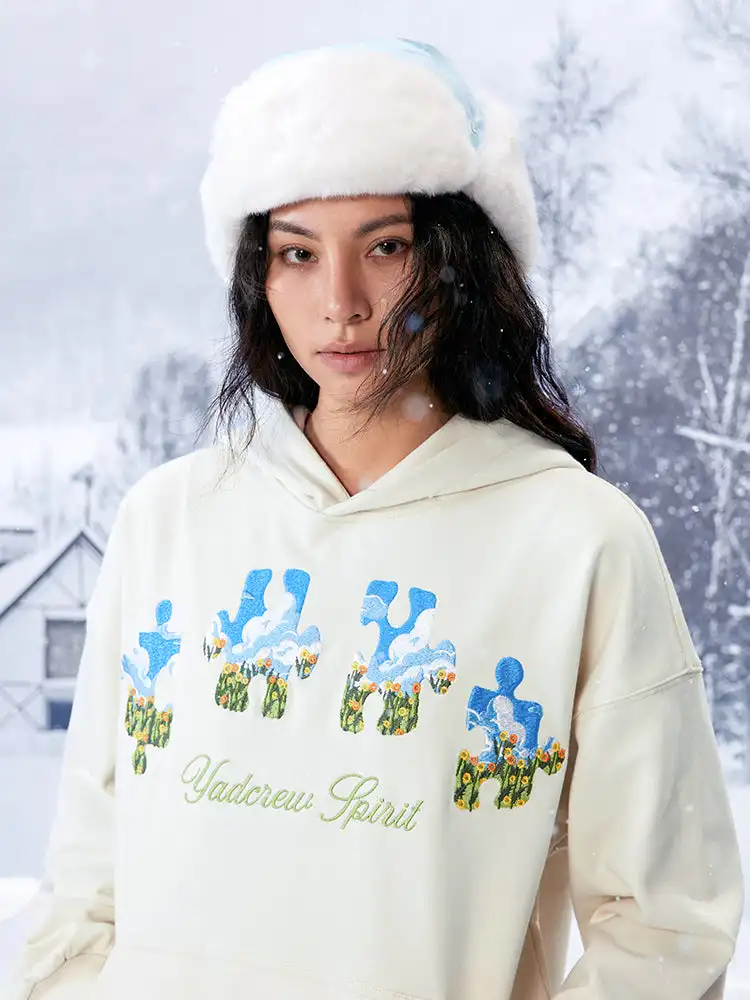 YADcrew | Blue Sky Flower Heavy Duty Needle Embroidery Jigsaw Hooded Sweatshirt