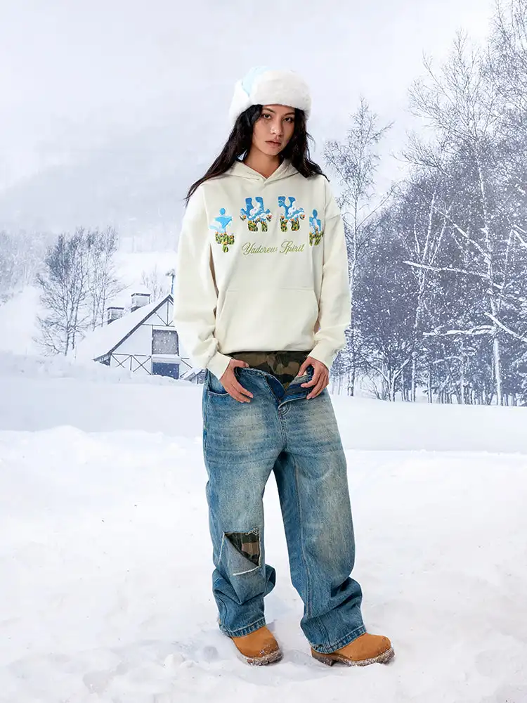YADcrew | Blue Sky Flower Heavy Duty Needle Embroidery Jigsaw Hooded Sweatshirt