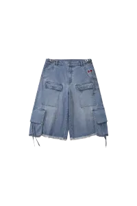 BURNIN*Underground Palace Embroidered Washed Denim Shorts