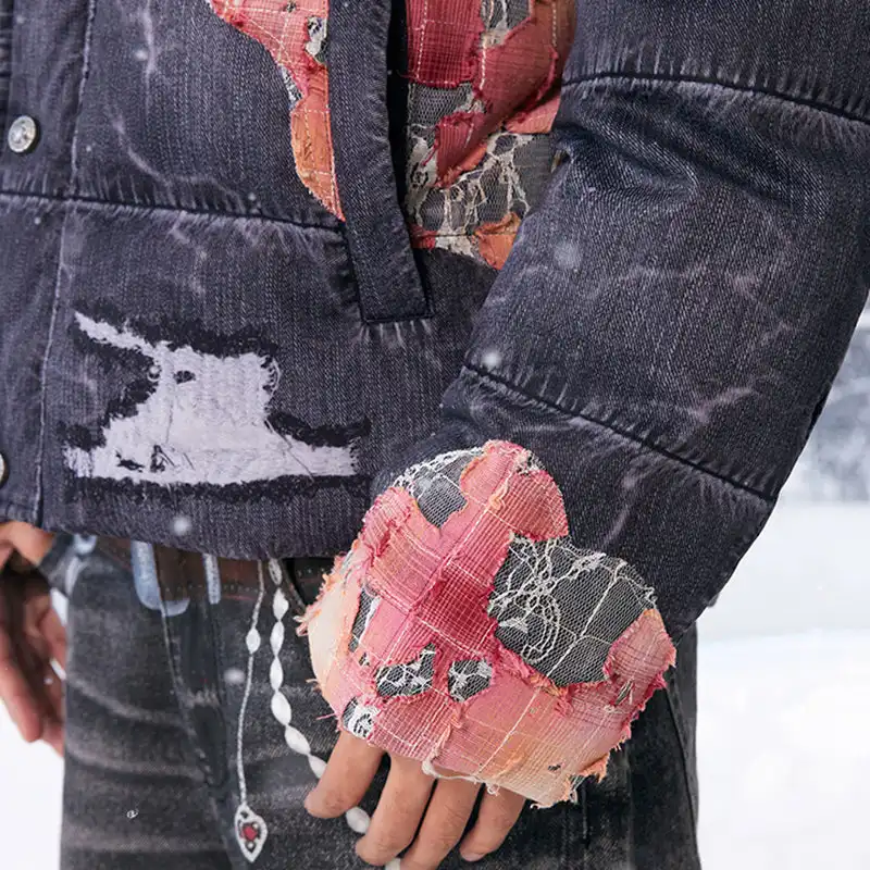 YADcrew丨Sunset Lace Applique Embroidery 3D Printed Denim Down Jacket