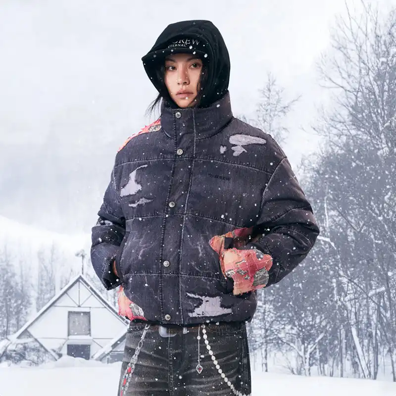 YADcrew丨Sunset Lace Applique Embroidery 3D Printed Denim Down Jacket
