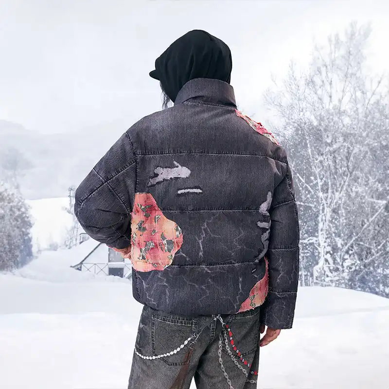 YADcrew丨Sunset Lace Applique Embroidery 3D Printed Denim Down Jacket