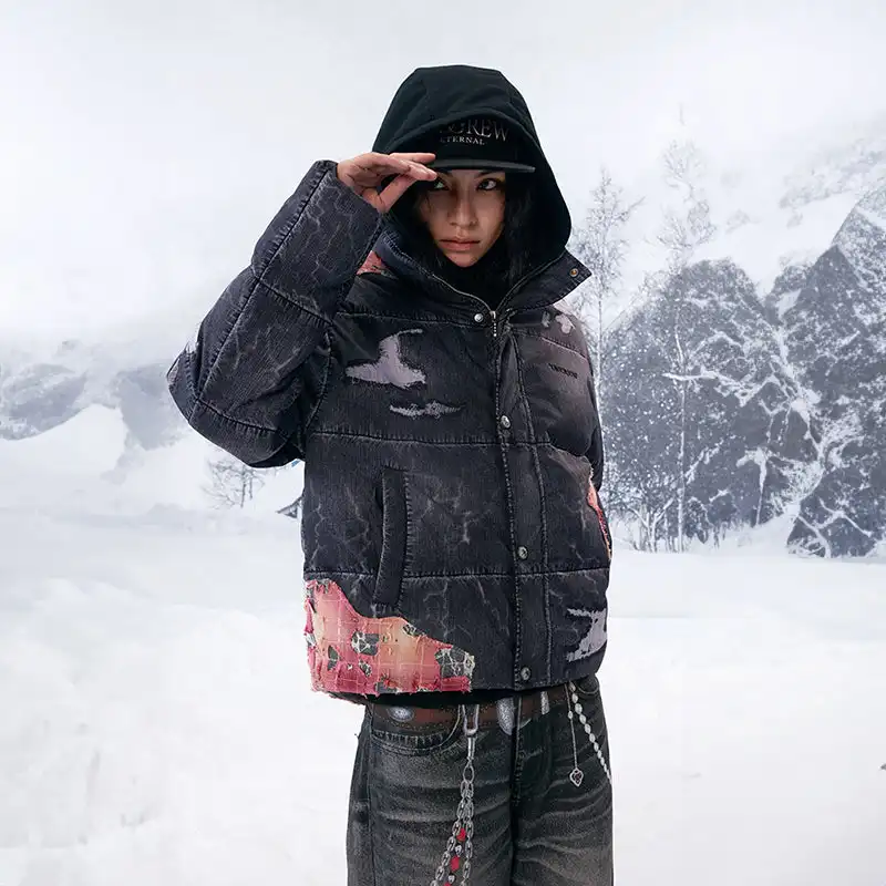 YADcrew丨Sunset Lace Applique Embroidery 3D Printed Denim Down Jacket