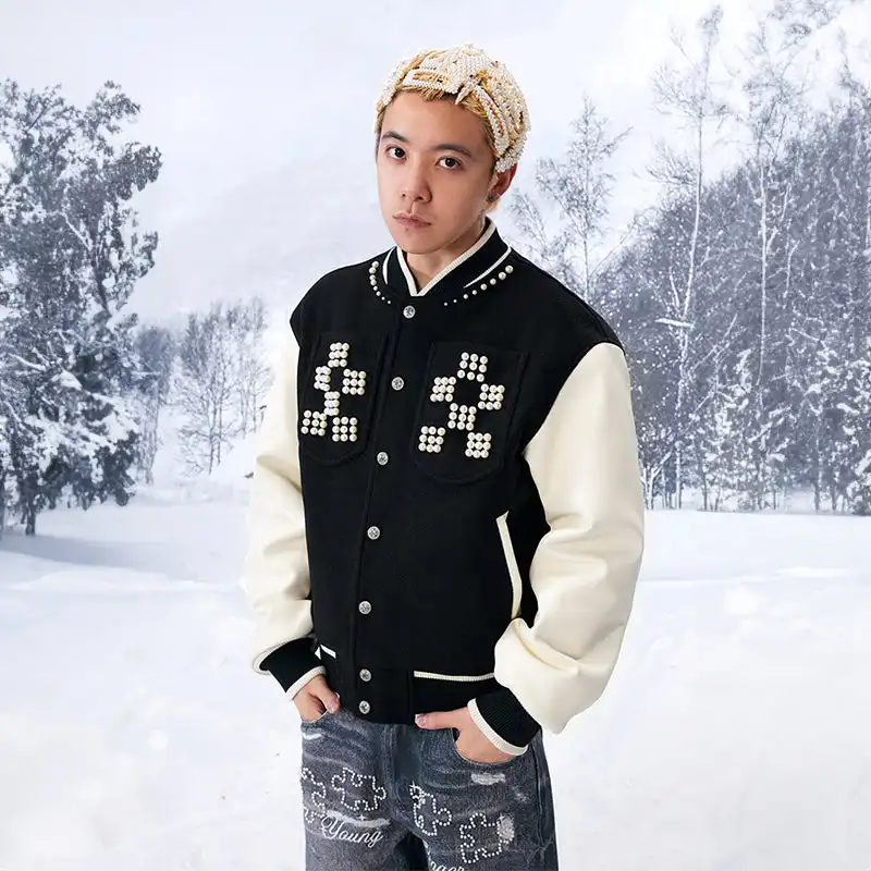 YADcrew丨"Pearl Shine" Checkerboard Pearl Slogan Padded Baseball Jacket