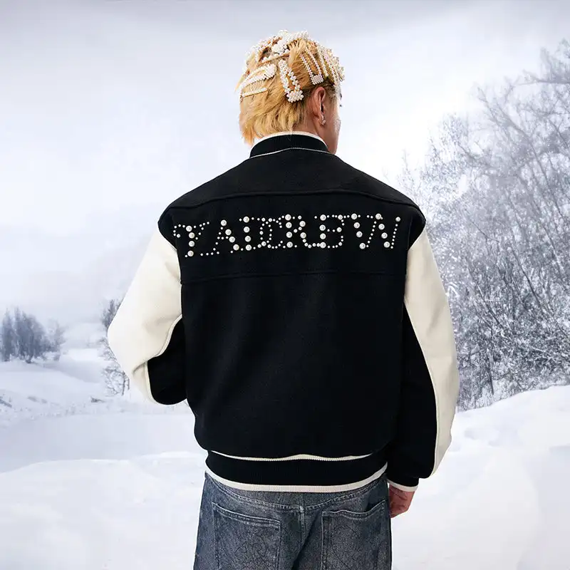 YADcrew丨"Pearl Shine" Checkerboard Pearl Slogan Padded Baseball Jacket
