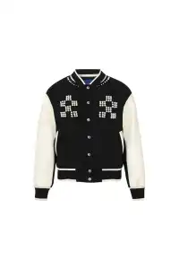 YADcrew丨"Pearl Shine" Checkerboard Pearl Slogan Padded Baseball Jacket