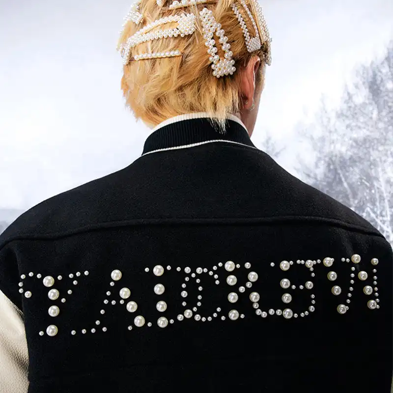 YADcrew丨"Pearl Shine" Checkerboard Pearl Slogan Padded Baseball Jacket
