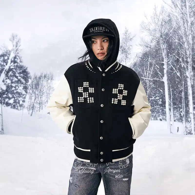 YADcrew丨"Pearl Shine" Checkerboard Pearl Slogan Padded Baseball Jacket