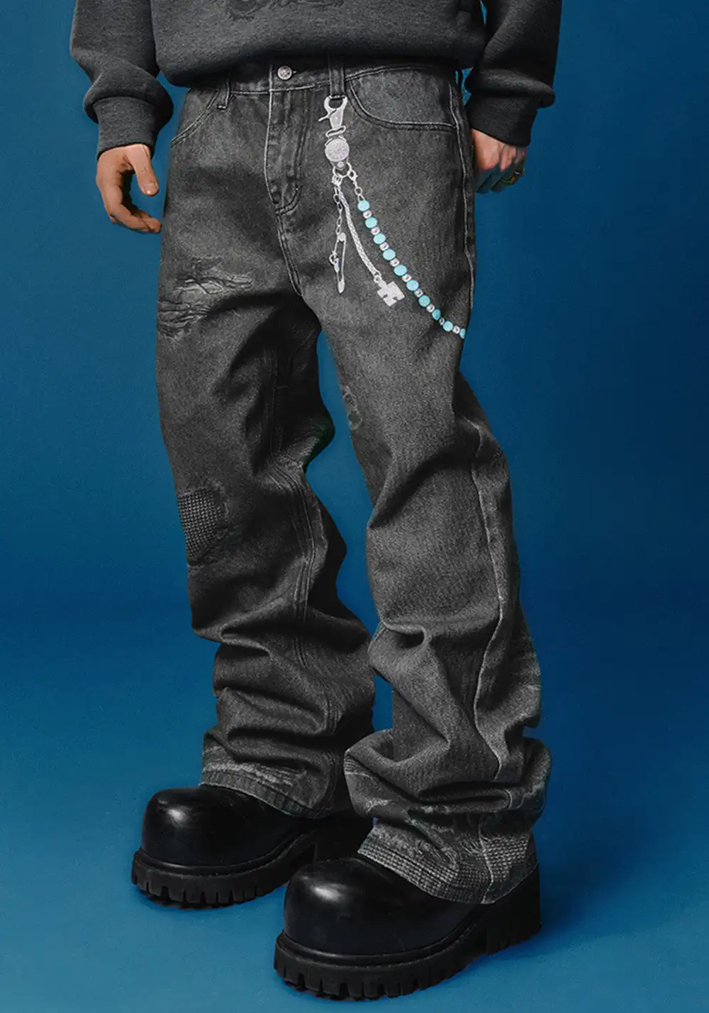 YADcrew丨Chain Embossed Printed Jeans American Street