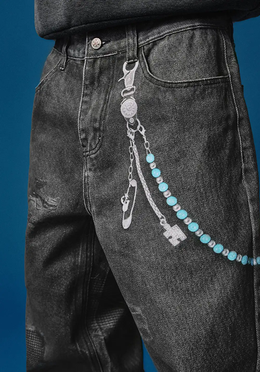 YADcrew丨Chain Embossed Printed Jeans American Street