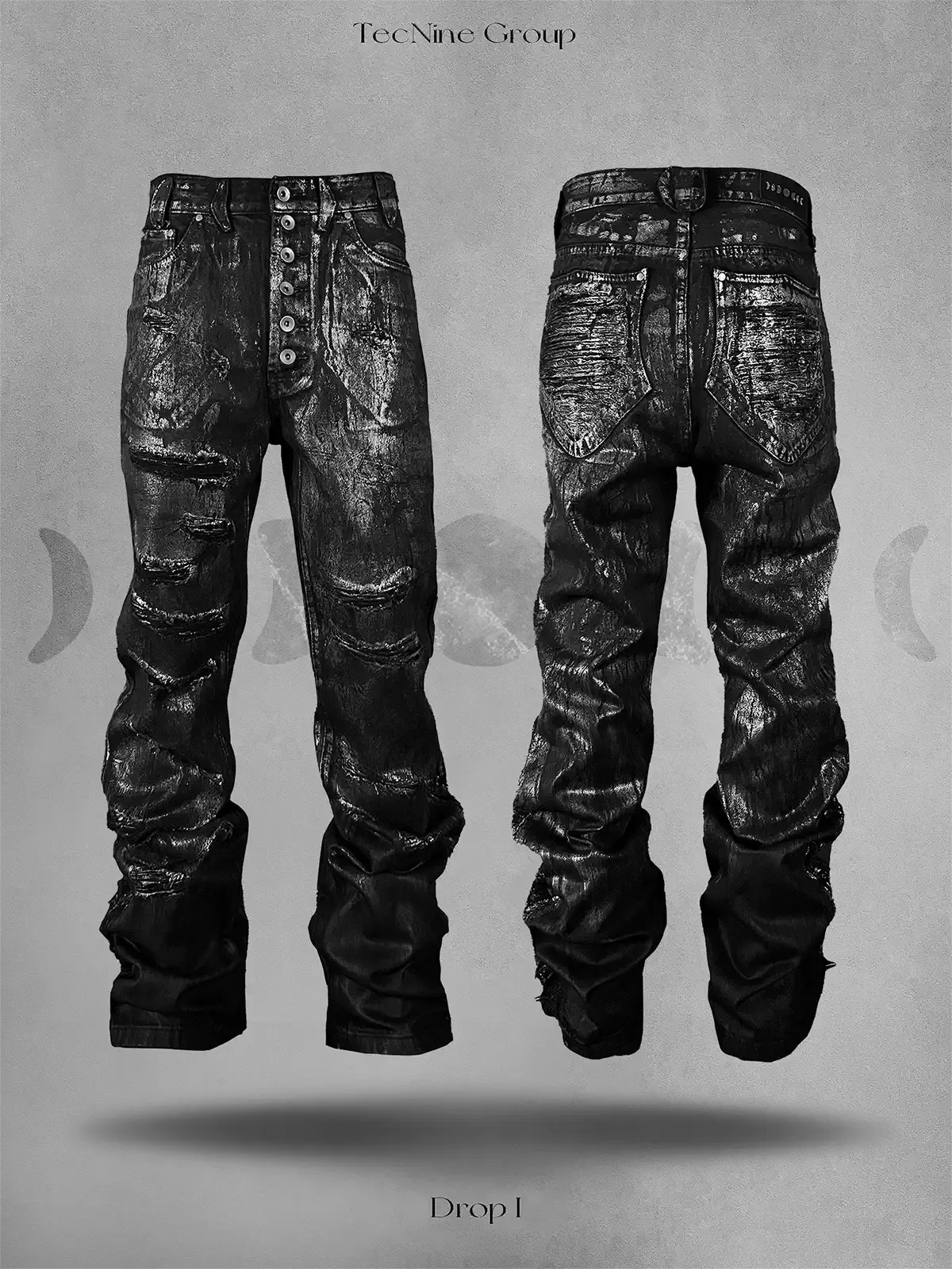 Black Distressed Silver-Coated Wax Denim Jeans