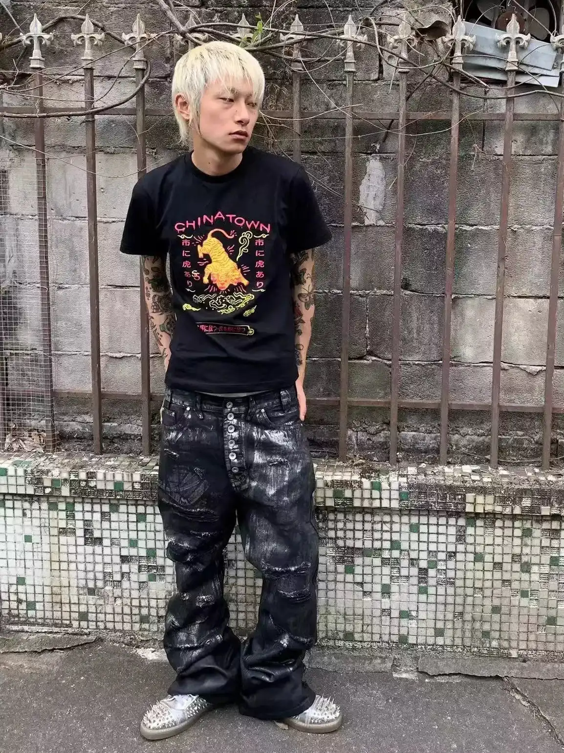 Black Distressed Silver-Coated Wax Denim Jeans