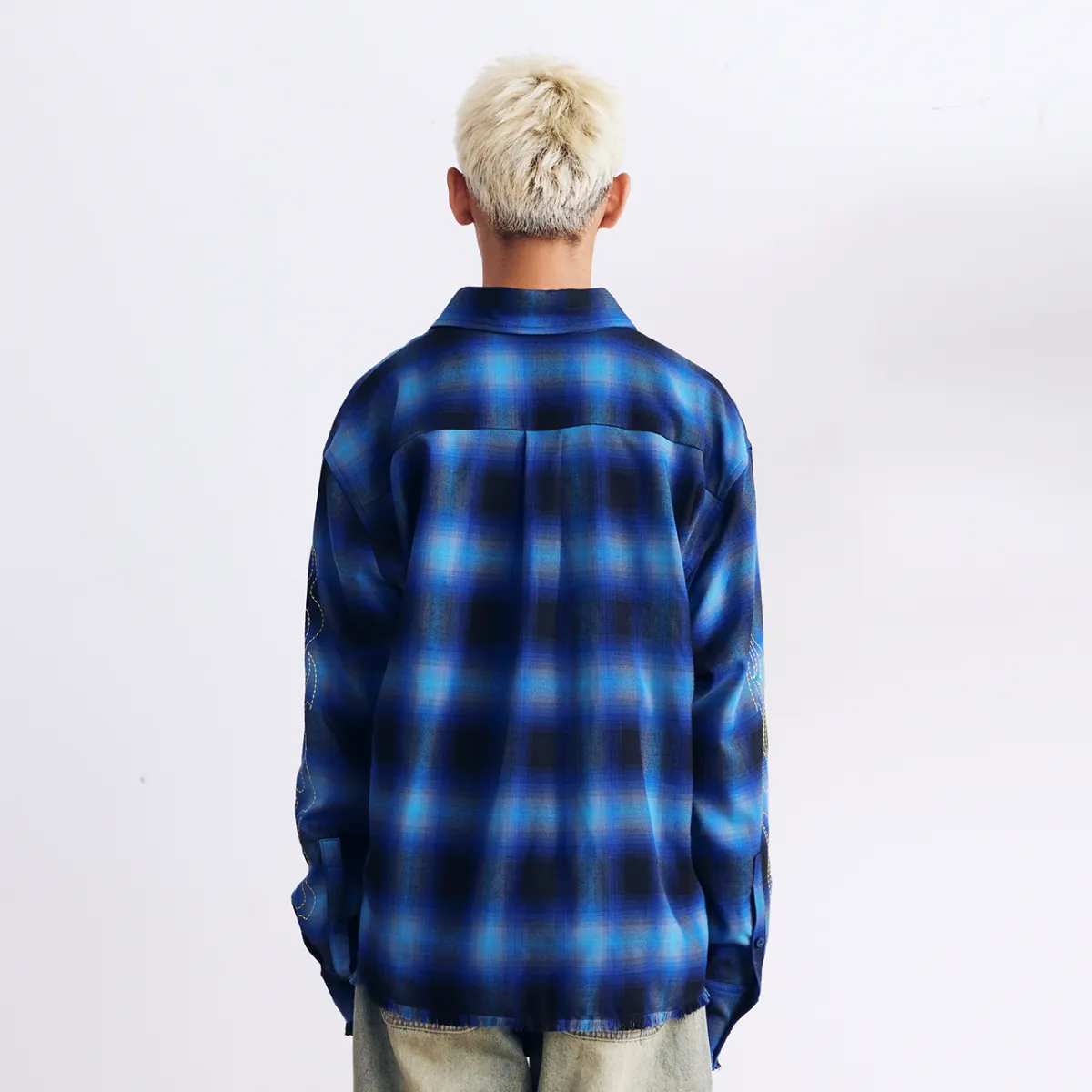BURNIN "97' SERIES" FRAYED DISTRESSED PLAID EMBROIDERED SHIRT