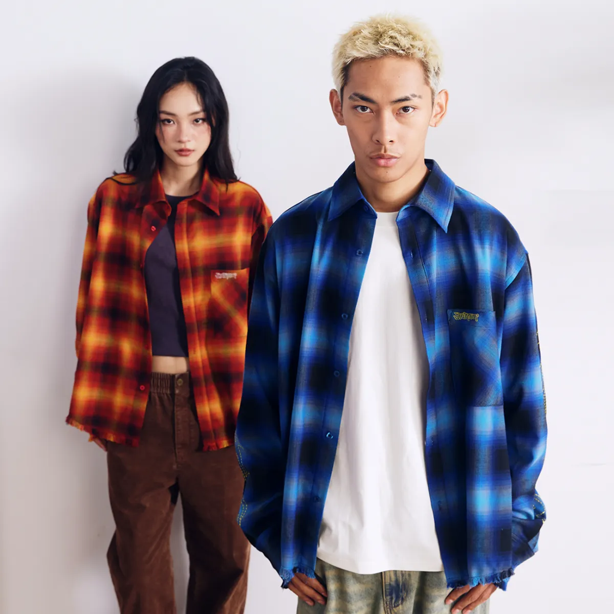BURNIN "97' SERIES" FRAYED DISTRESSED PLAID EMBROIDERED SHIRT