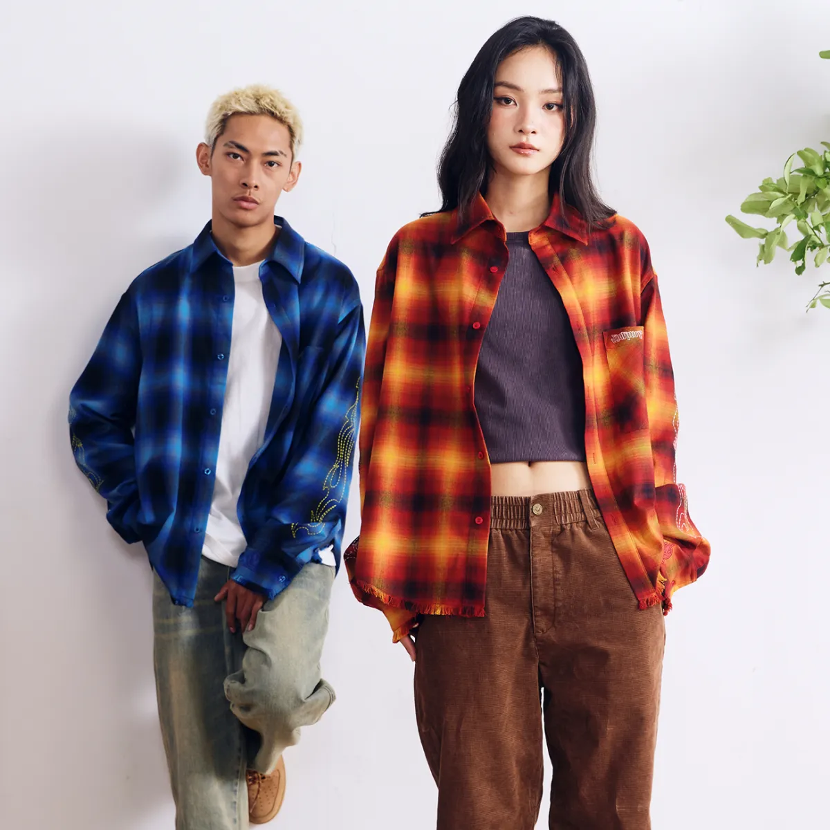 BURNIN "97' SERIES" FRAYED DISTRESSED PLAID EMBROIDERED SHIRT