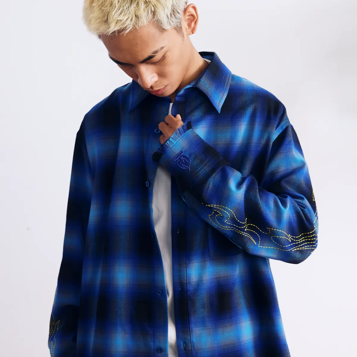 BURNIN "97' SERIES" FRAYED DISTRESSED PLAID EMBROIDERED SHIRT
