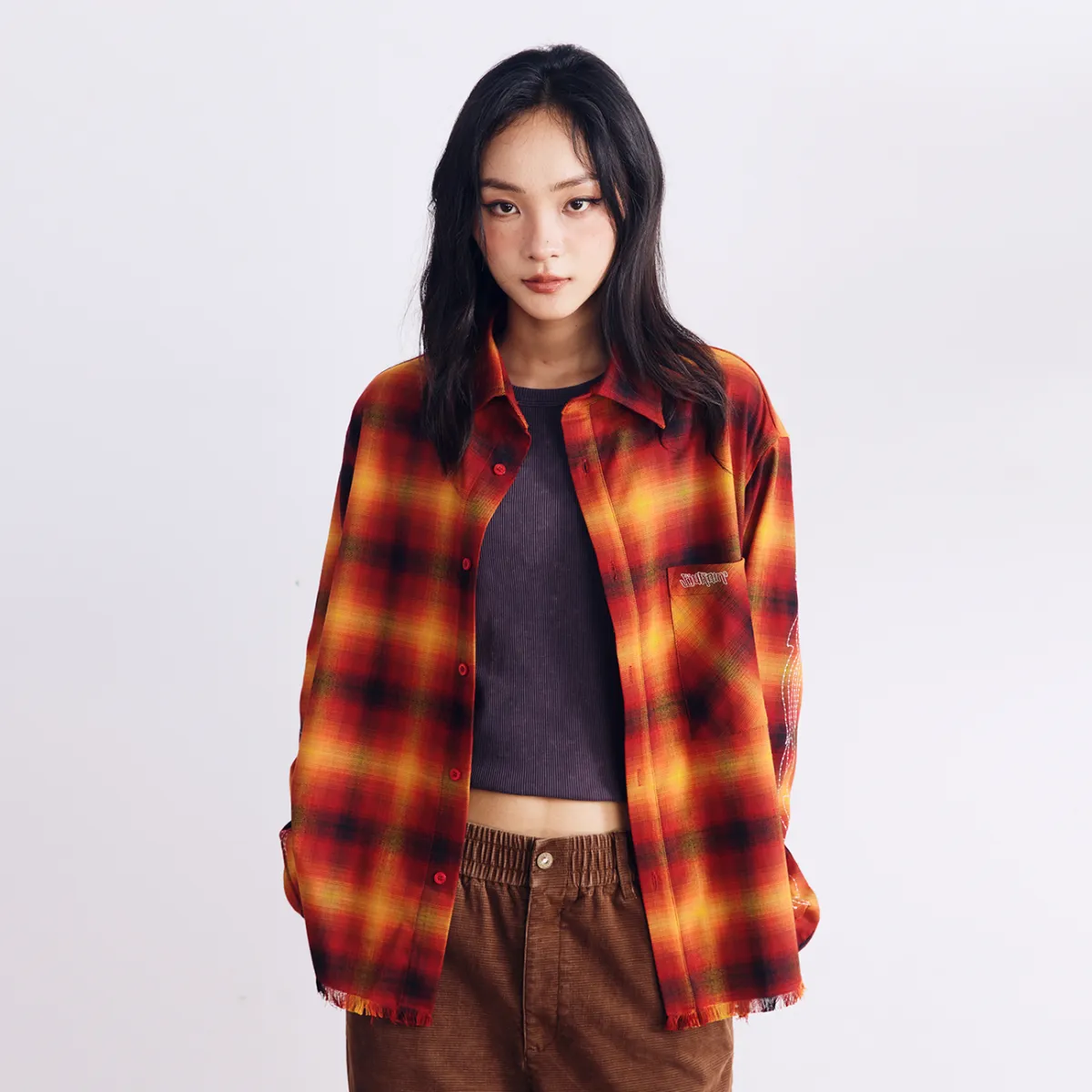 BURNIN "97' SERIES" FRAYED DISTRESSED PLAID EMBROIDERED SHIRT