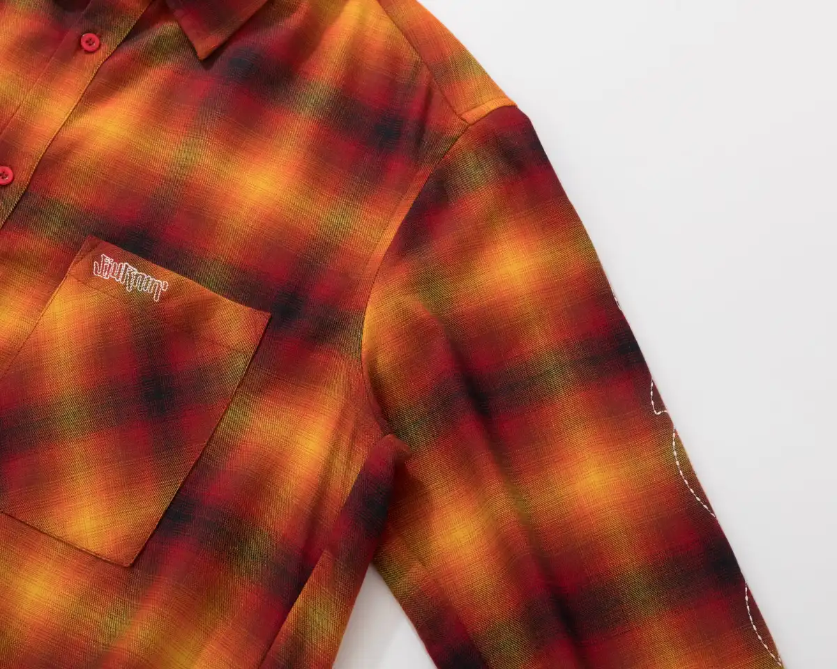 BURNIN "97' SERIES" FRAYED DISTRESSED PLAID EMBROIDERED SHIRT