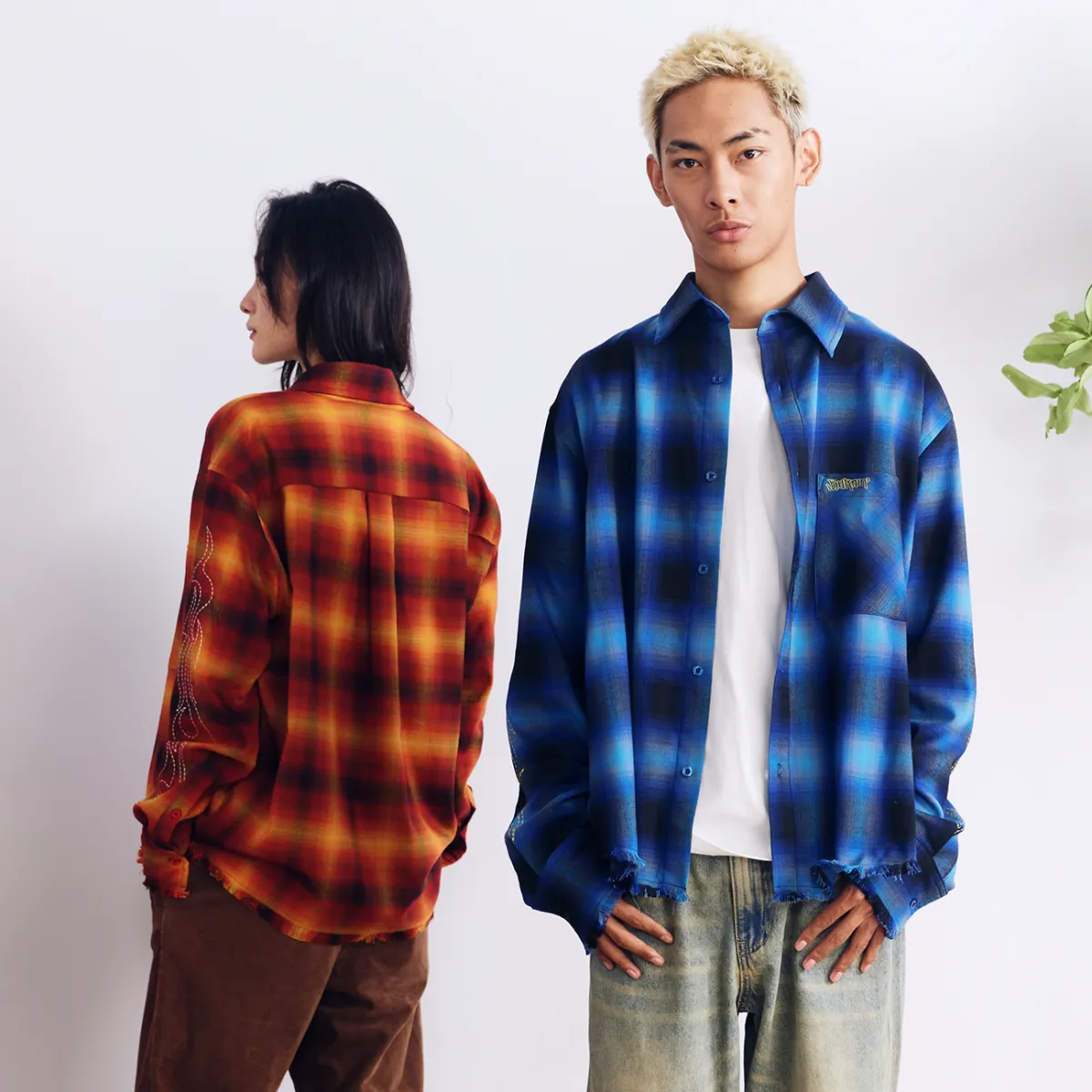 BURNIN "97' SERIES" FRAYED DISTRESSED PLAID EMBROIDERED SHIRT
