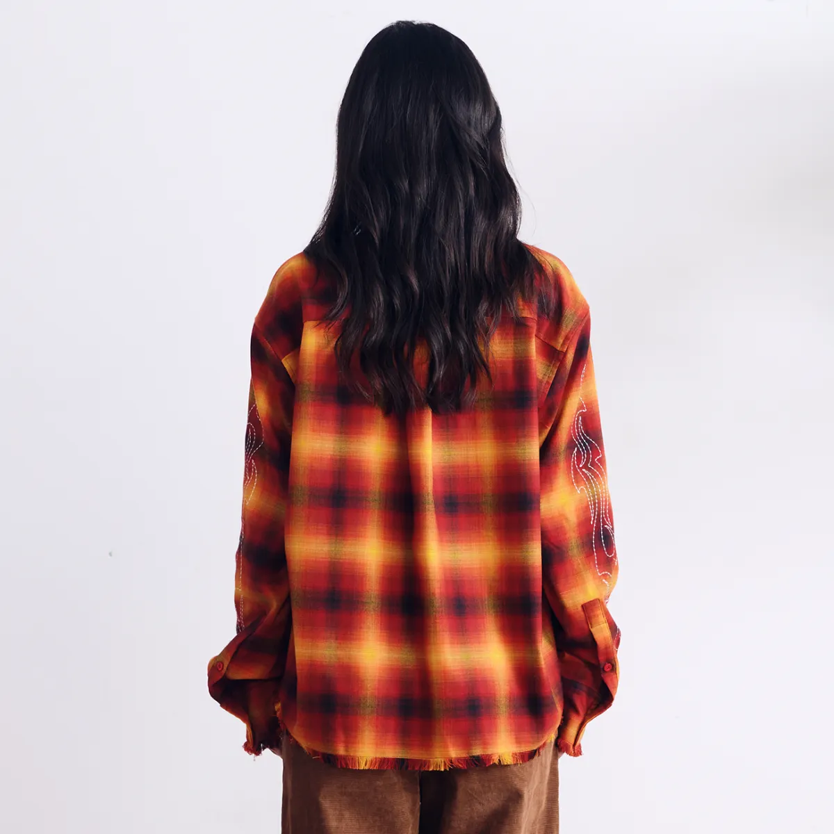 BURNIN "97' SERIES" FRAYED DISTRESSED PLAID EMBROIDERED SHIRT