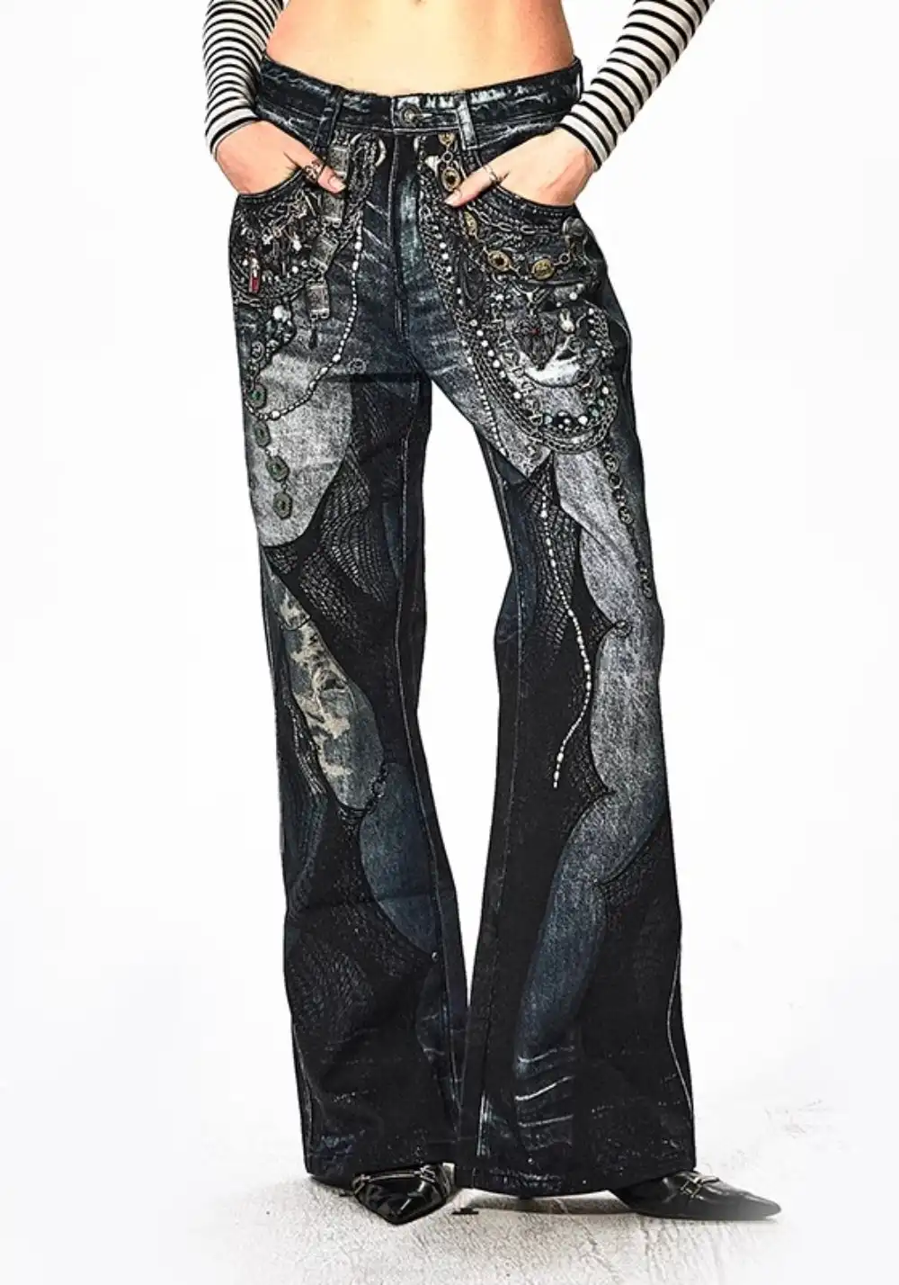 DND4DES丨All-Over Lace Print Chain Denim Jeans | PSYLOS1