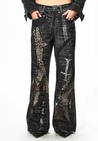DND4DES丨Print Faux Leather Patch Denim Jeans