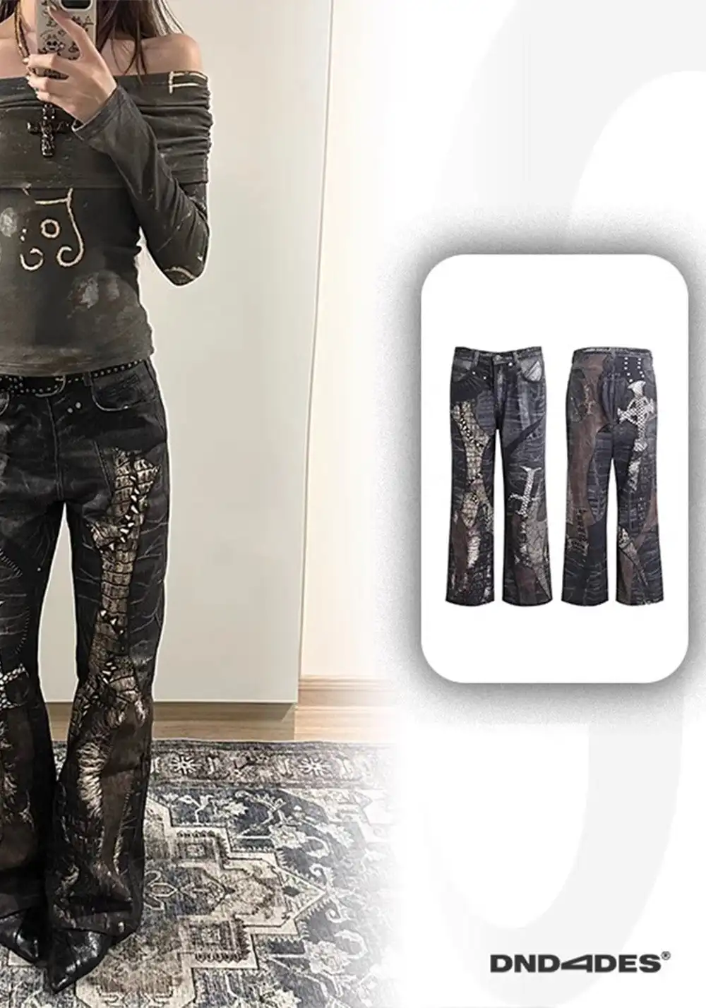 DND4DES丨Print Faux Leather Patch Denim Jeans