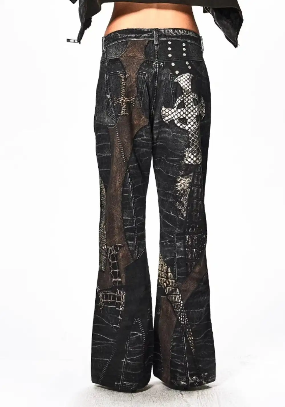DND4DES丨Print Faux Leather Patch Denim Jeans