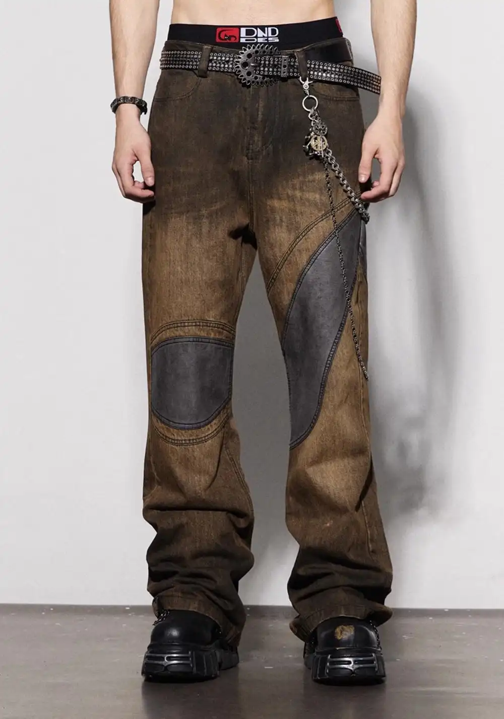 DND4DES丨Faux Leather Knee-Patch Denim Jeans