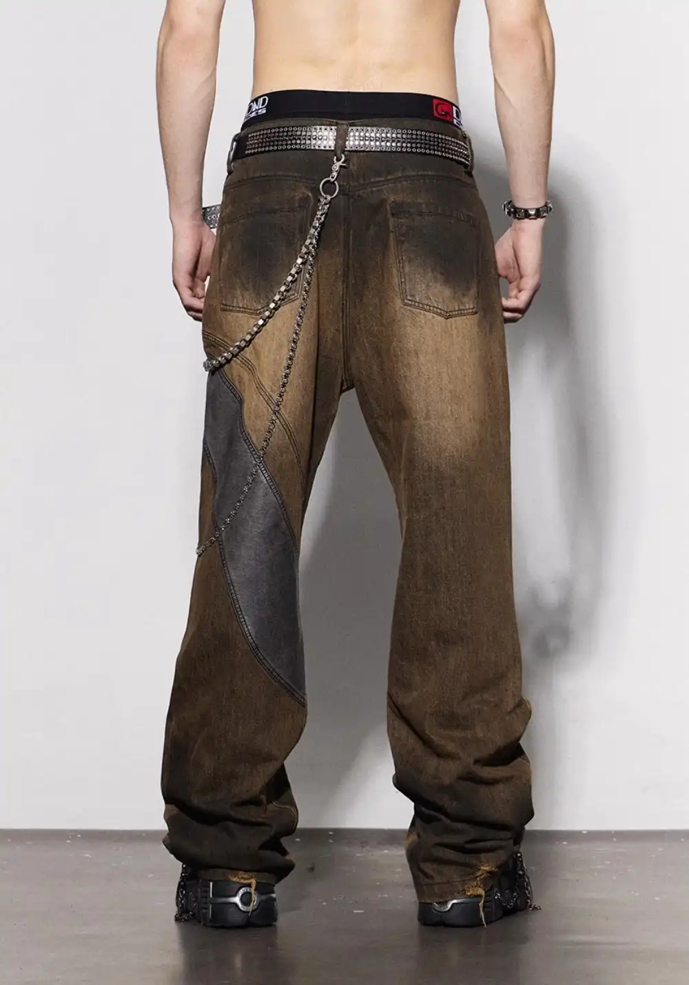 DND4DES丨Faux Leather Knee-Patch Denim Jeans