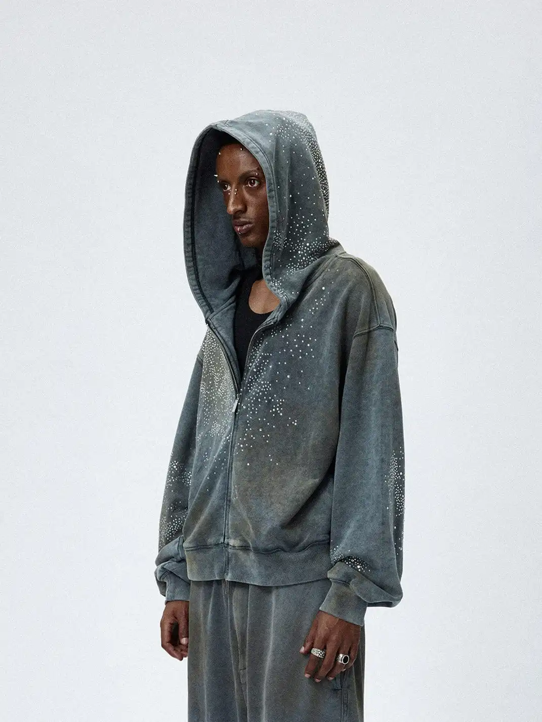 DND4DES丨Colorful Rhinestone Washed Distressed Hoodie