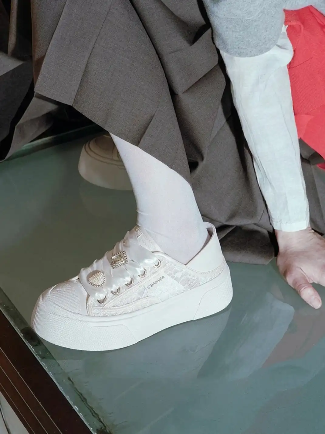 C.BANNER丨 Chanel-style Sweet and Cute Mesh Low-Top Sneakers in Silver