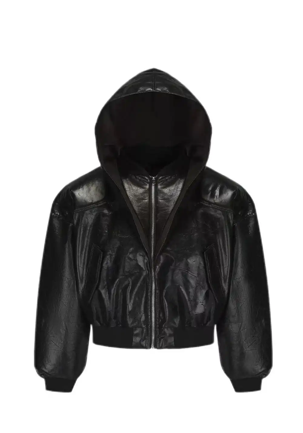 Disark│Cracked PU Leather Cropped Bomber Jacket