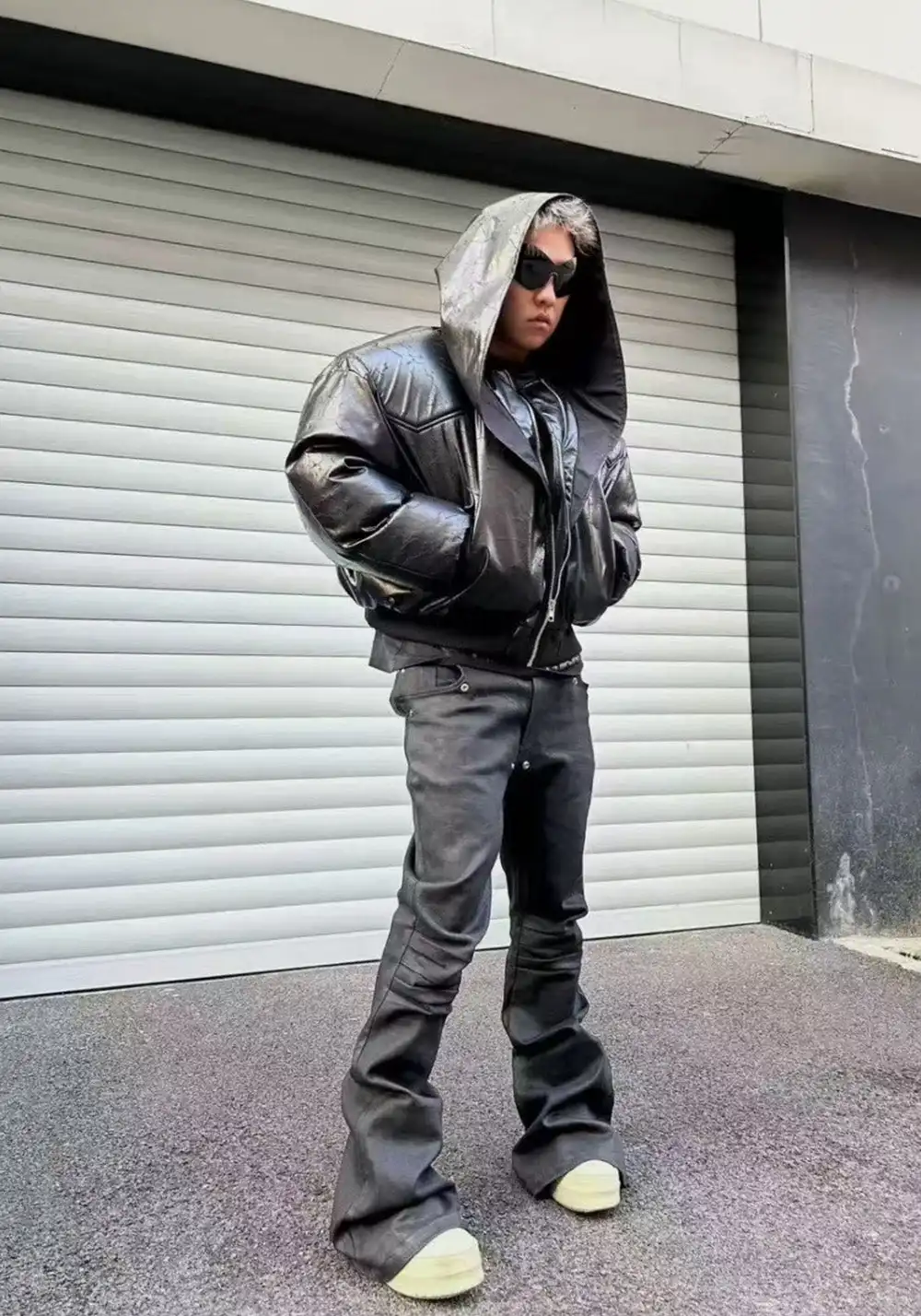 Disark│Cracked PU Leather Cropped Bomber Jacket