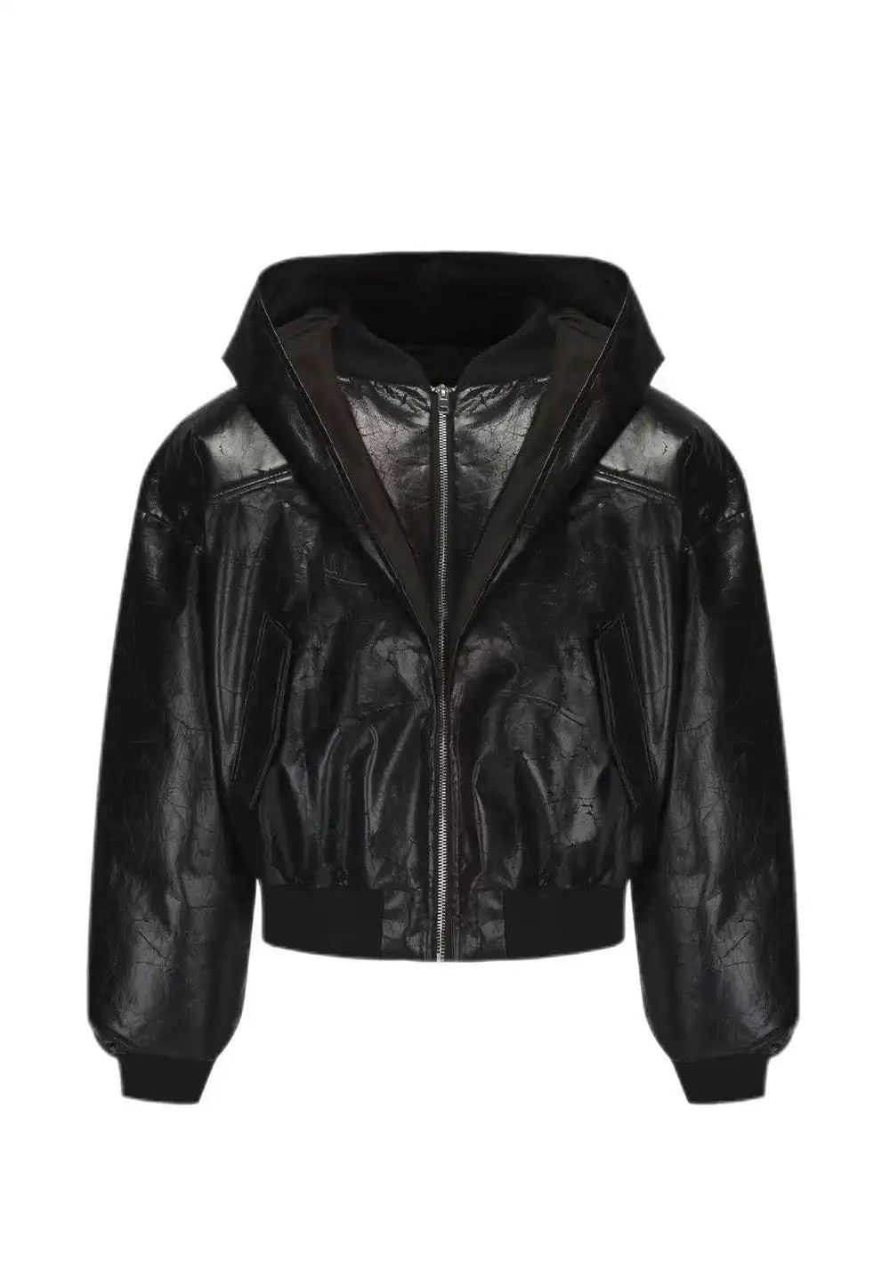 Disark│Cracked PU Leather Cropped Bomber Jacket