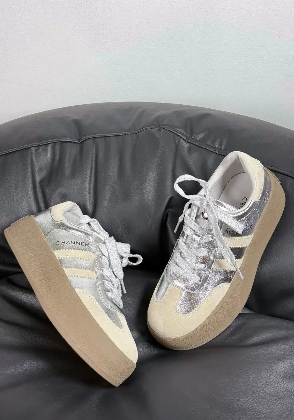 C.BANNER丨Silver Grey Colorblock Platform Sneakers