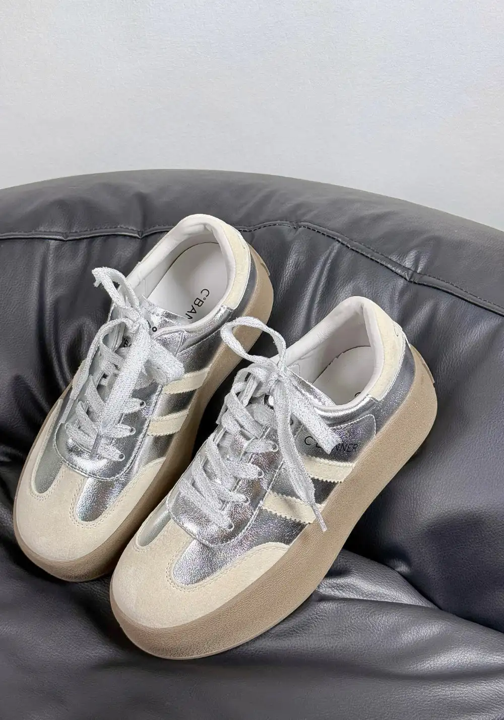 C.BANNER丨Silver Grey Colorblock Platform Sneakers