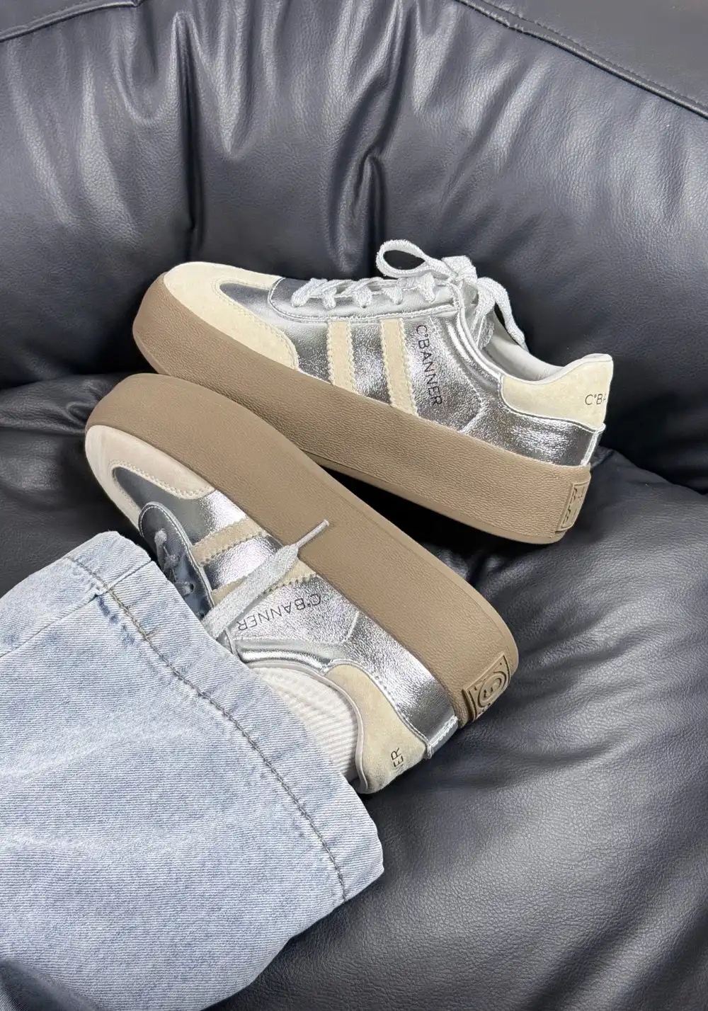 C.BANNER丨Silver Grey Colorblock Platform Sneakers