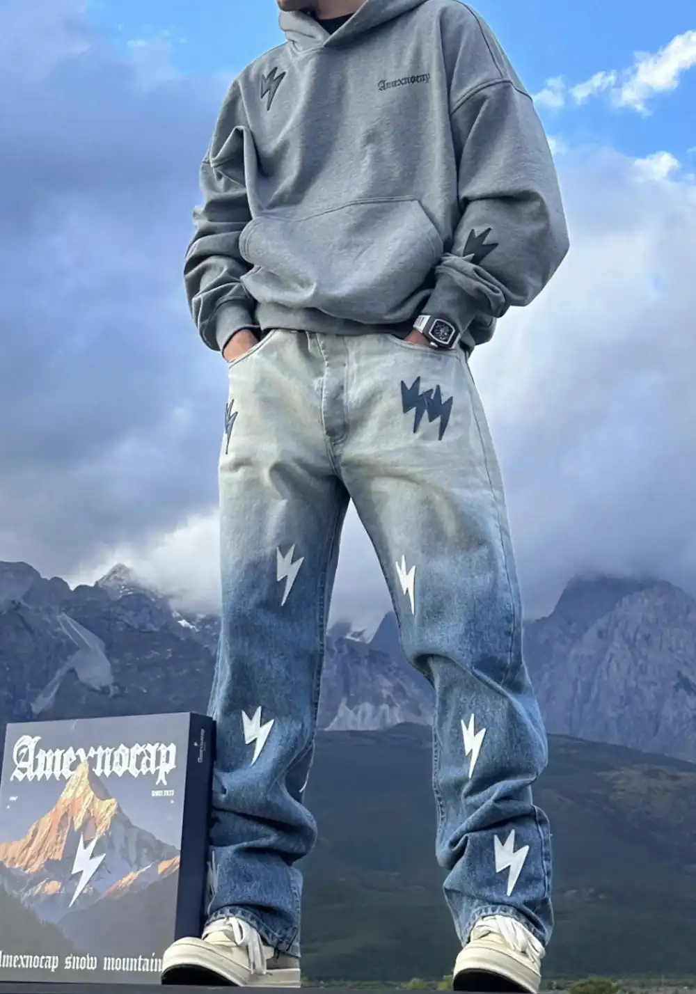AMEXNOCAP丨Lightning Patch Gradient Stone Jeans