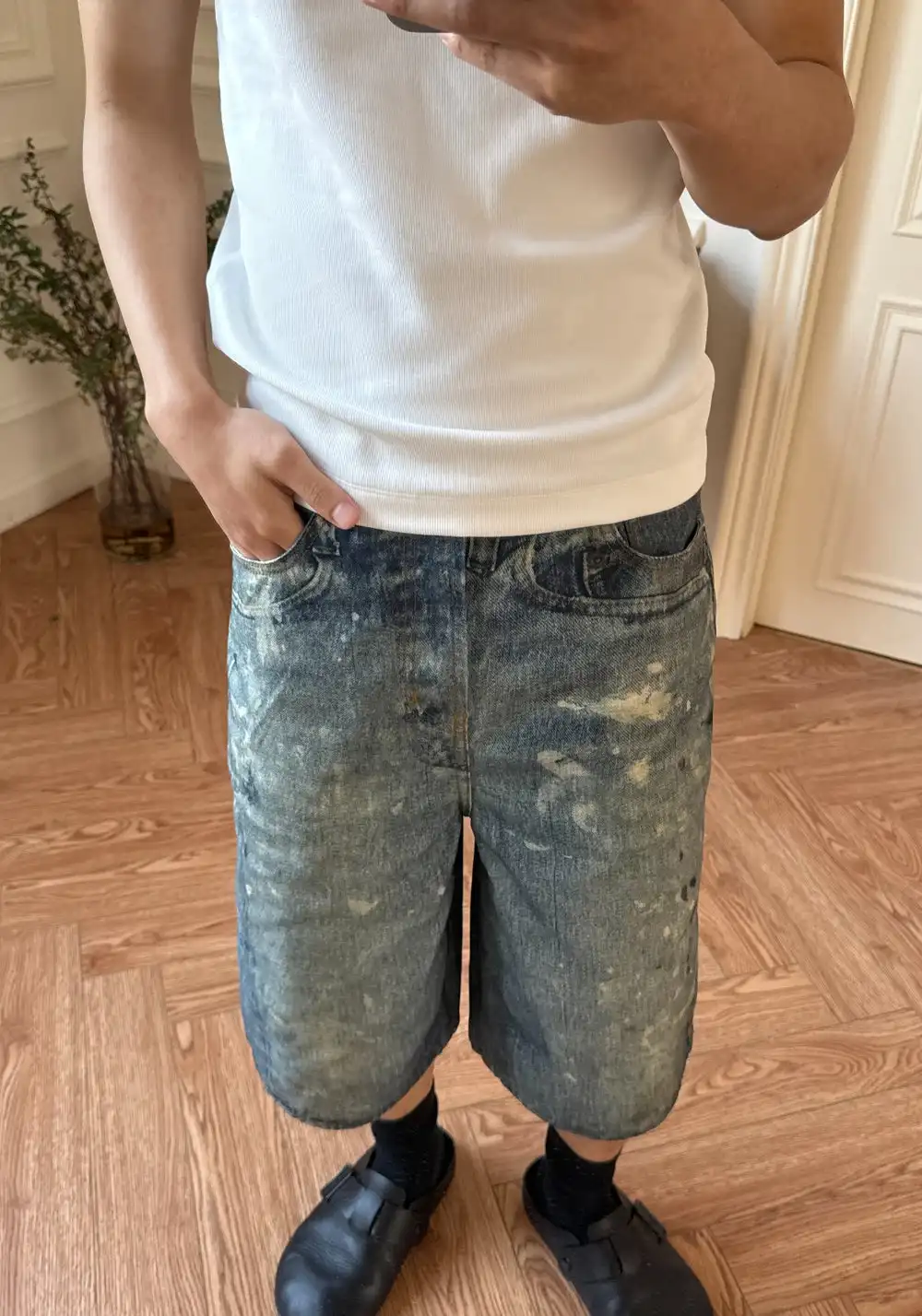 HAONANHUANG丨KONLI Print Paint-Splatter Denim Shorts