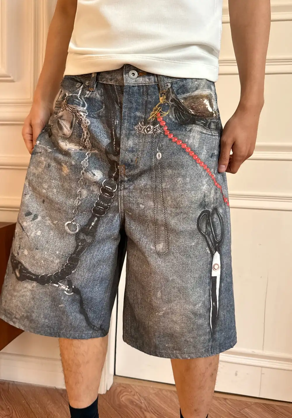 HAONANHUANG丨KONLI Print Paint-Splatter Denim Shorts