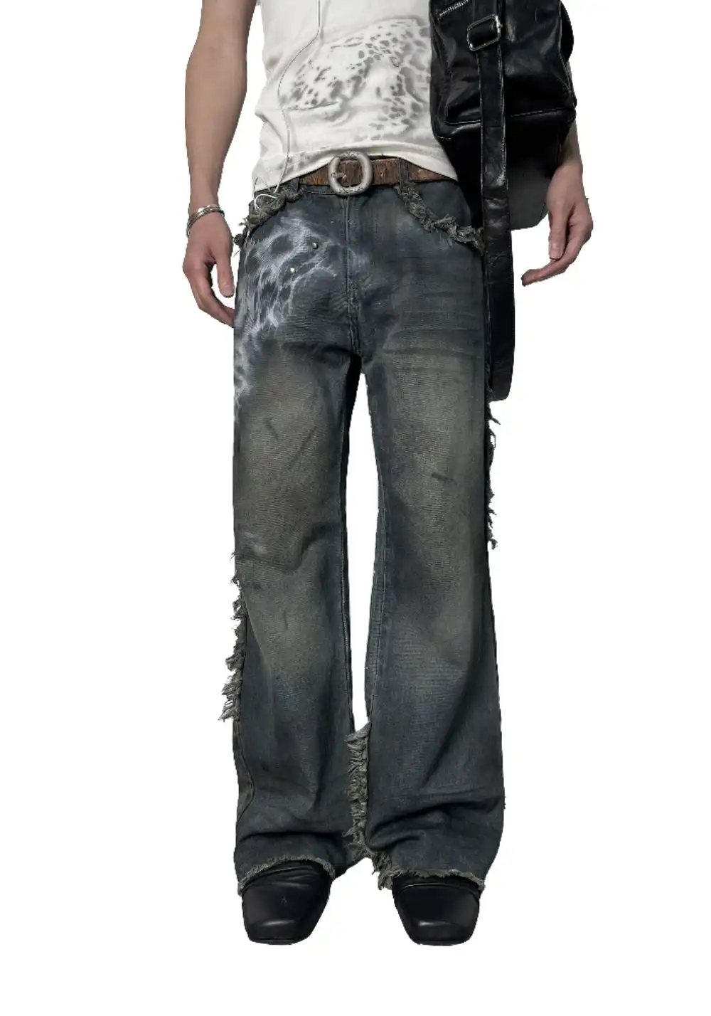 NIGHT LAB丨Leopard Lined Studded Cement Blue Jeans