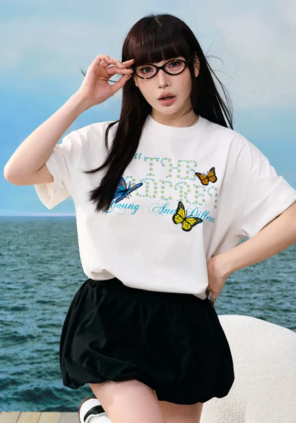 YADcrew丨YADcrew Butterfly-Embroidered Tee-White
