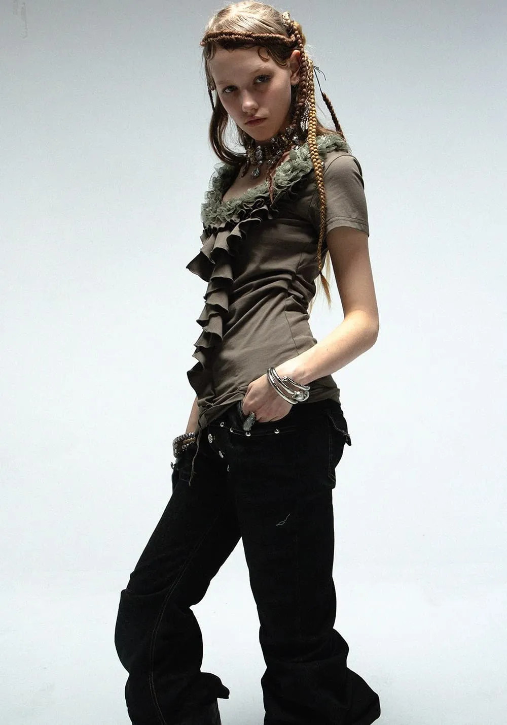 DoublePunch丨Lace Ruffle Slim Tee