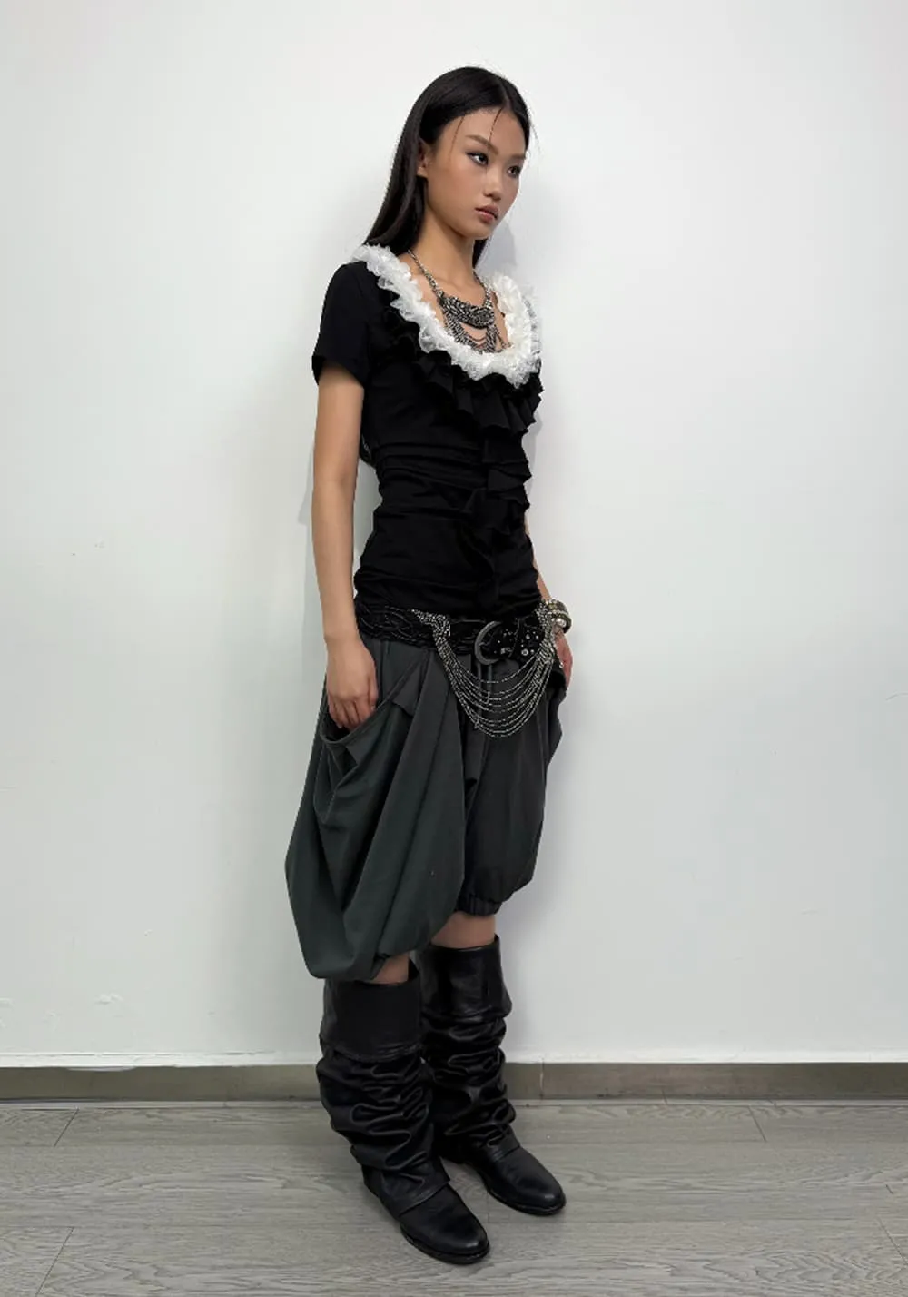 DoublePunch丨Lace Ruffle Slim Tee