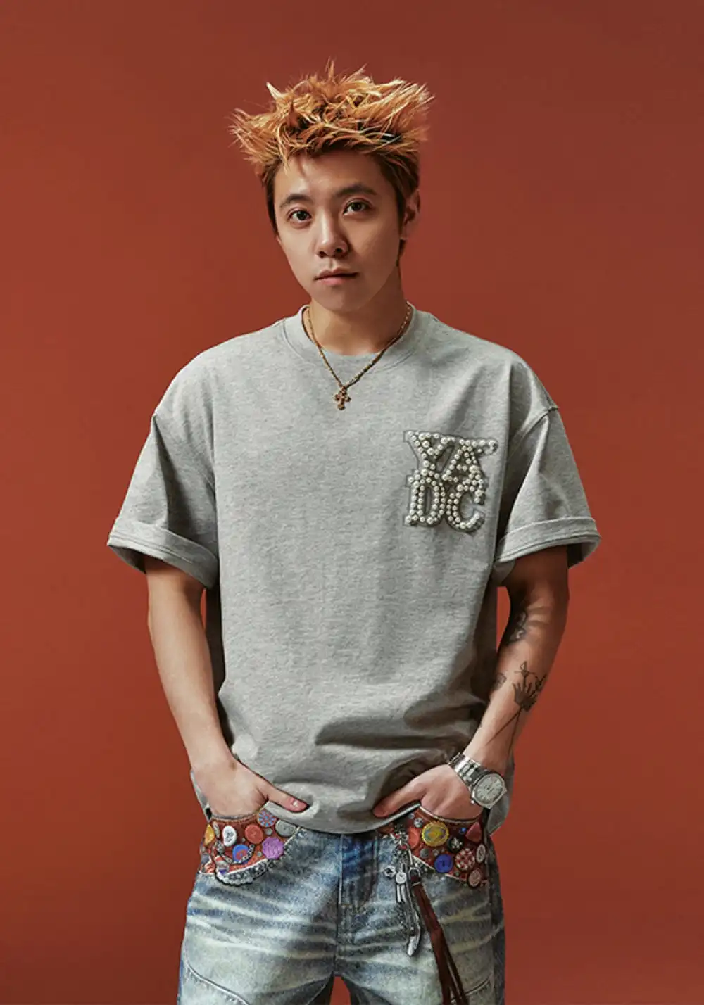 YADcrew丨YADcrew Pearl Patchwork Tee-Gray